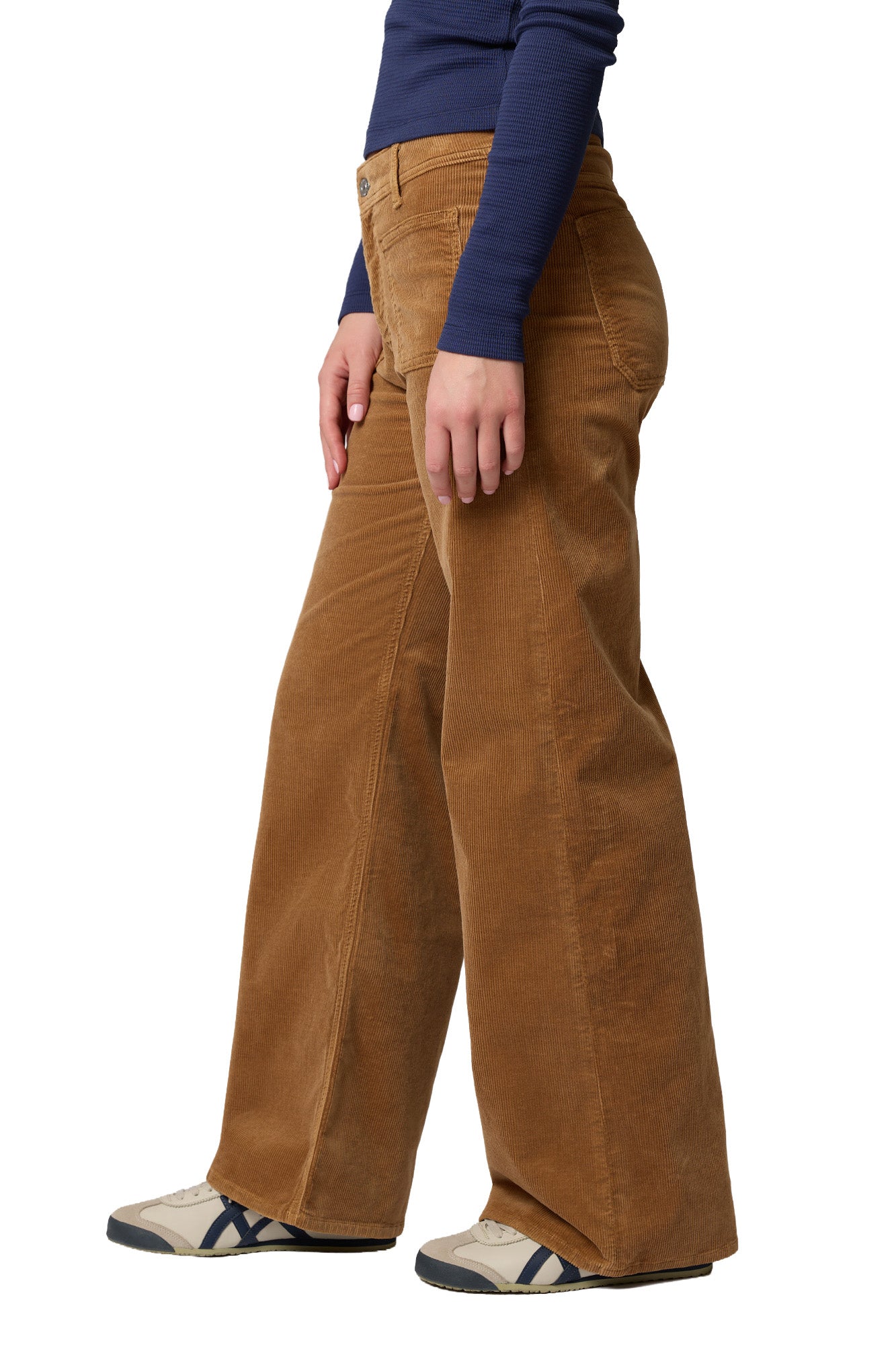 Mavi Jeans women's brown corduroy wide-leg jeans showing front pocket, back pocket, and full hem, side view