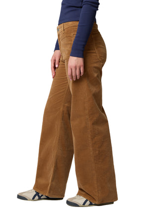 Mavi Jeans women's brown corduroy wide-leg jeans showing front pocket, back pocket, and full hem, side view