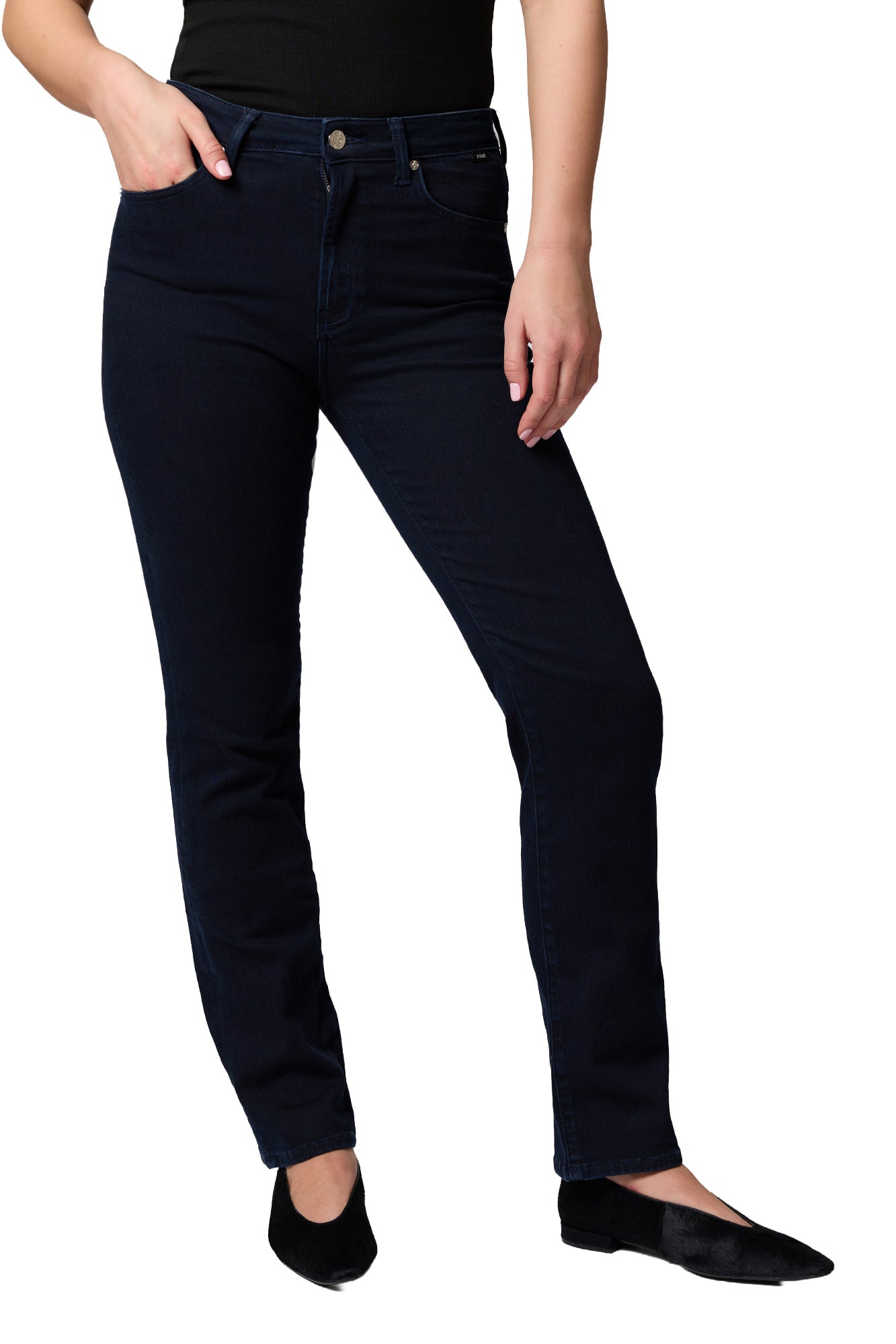 Mavi Jeans women's dark indigo bootcut jeans with button closure, zip fly, and five-pocket styling, front view