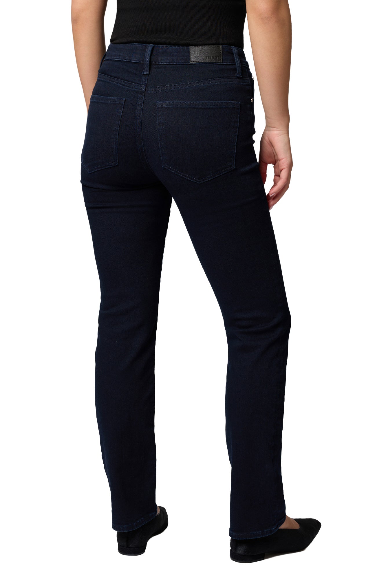 Mavi Jeans women's dark indigo bootcut jeans with patch pockets, belt loops, and black logo patch shown from the back