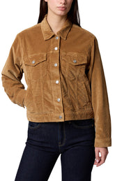 Mavi Jeans women's tan corduroy trucker jacket with metal buttons, flap chest pockets, and cropped hem, front view