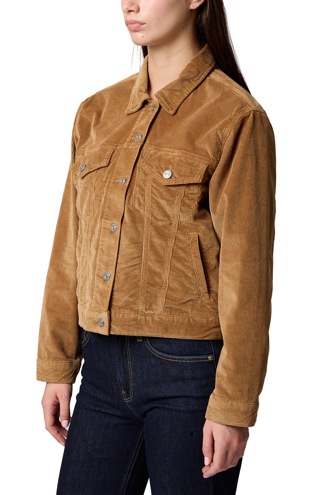 Mavi Jeans women's angled view of tan corduroy trucker jacket with metal buttons and flap chest pockets, side view