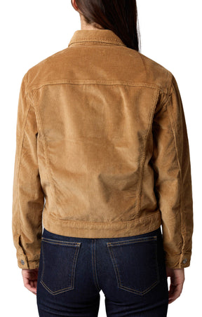 Mavi Jeans women's tan corduroy trucker jacket with point collar, panel seams, and button cuffs, back view