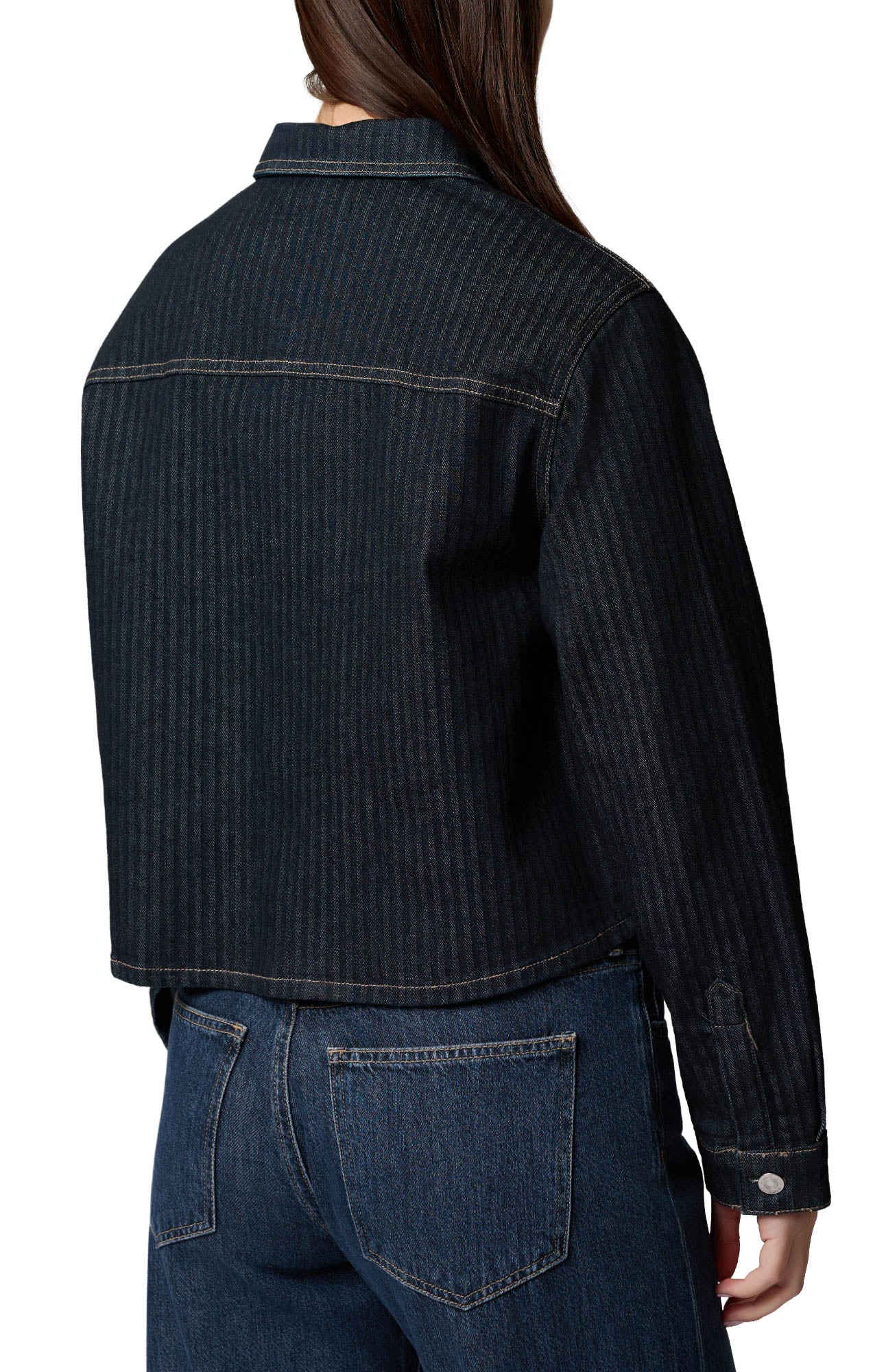 Mavi Jeans women's dark indigo denim long-sleeve blouse with yoke seam, contrast stitching, and button cuff, back view