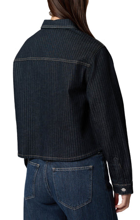 Mavi Jeans women's dark indigo denim long-sleeve blouse with yoke seam, contrast stitching, and button cuff, back view