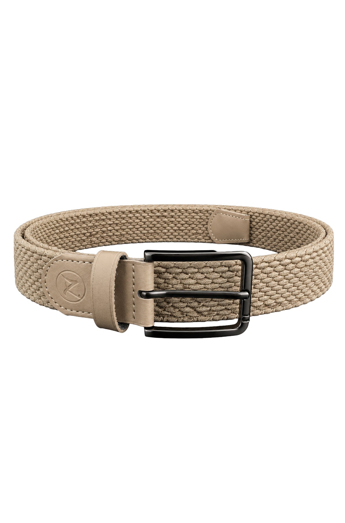 Ceinture tressée beige avec logo embossé, embouts effet cuir et boucle noire, vue produit pour homme par Au Noir