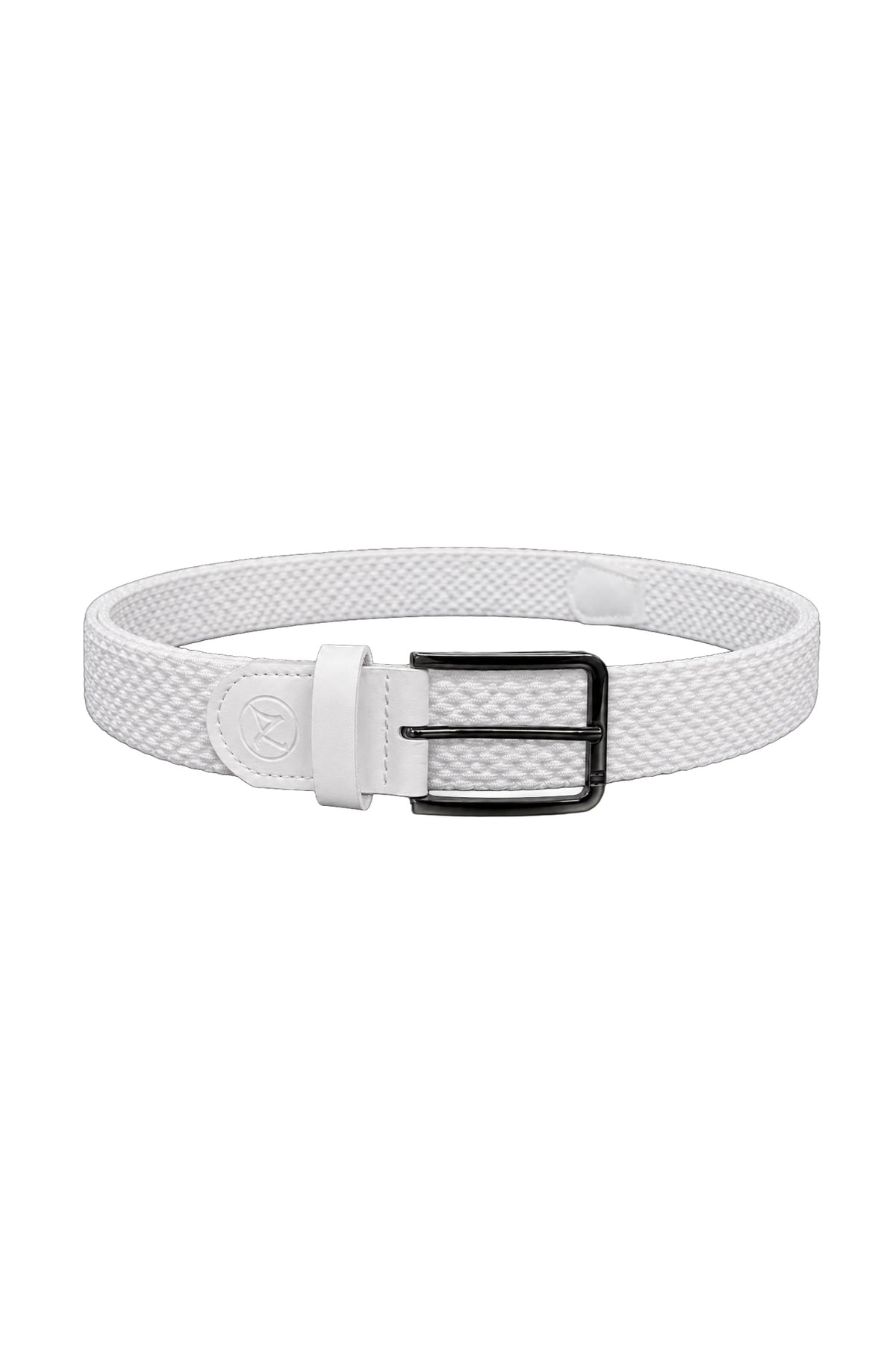 Ceinture blanche tressée avec garniture ton sur ton et boucle rectangulaire noire, vue produit pour homme par Au Noir