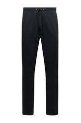 Psycho Bunny men's black sweatpants product view with elastic drawstring waist and metal-tipped cords