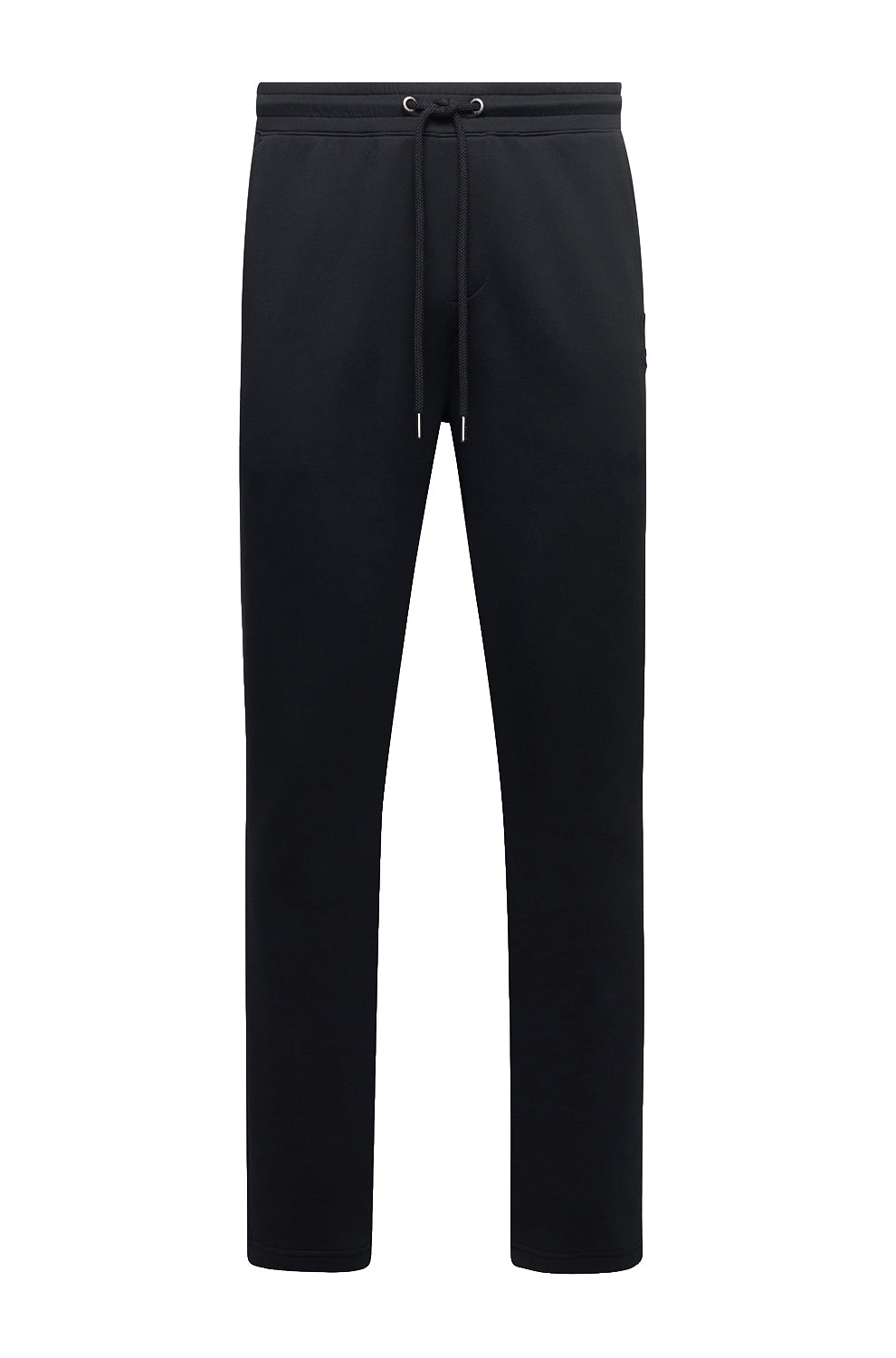 Psycho Bunny men's black sweatpants product view with elastic drawstring waist and metal-tipped cords