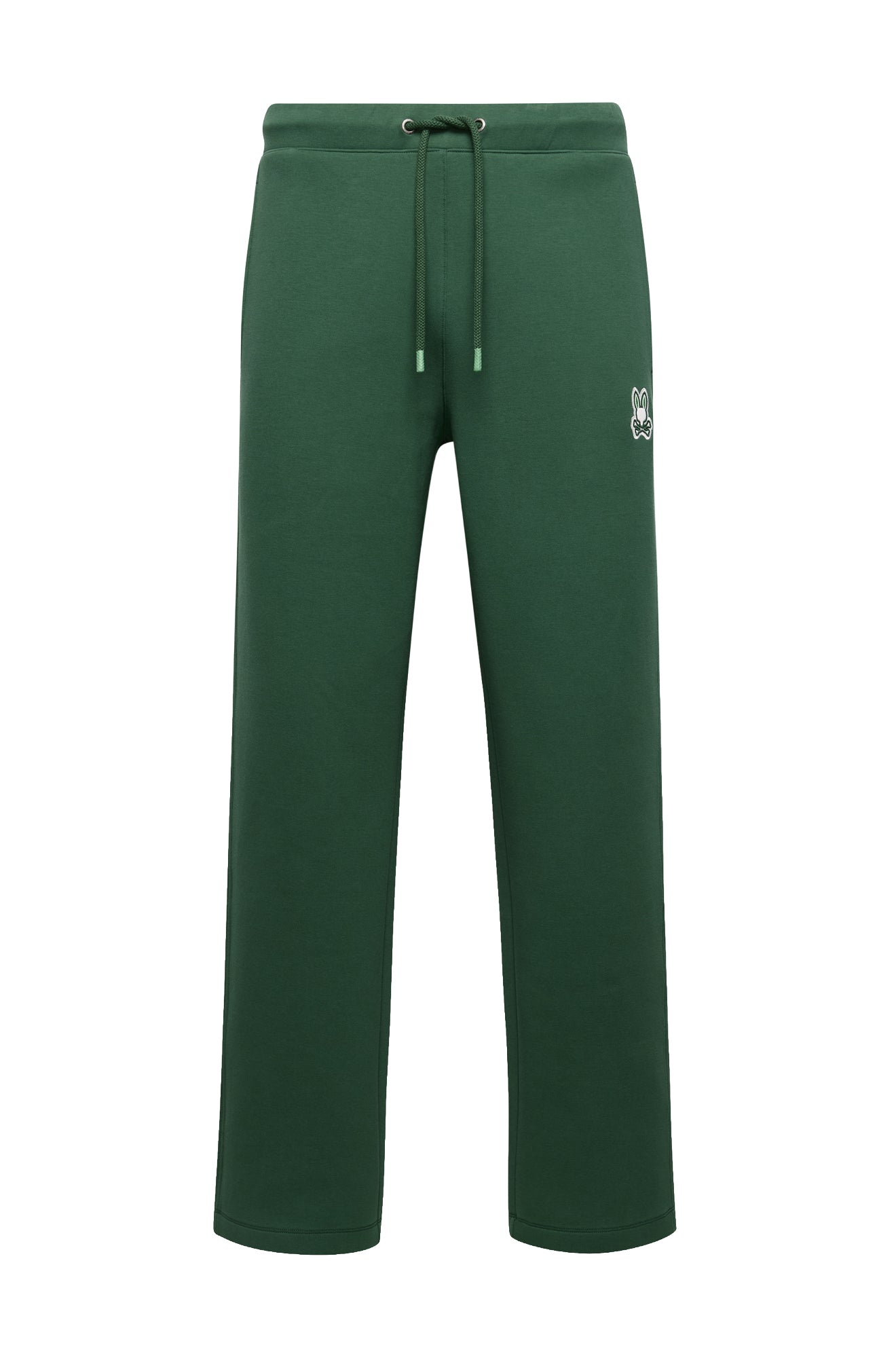 Psycho Bunny men's dark green wide-leg sweatpants with drawstring waist and bunny logo patch, isolated front view