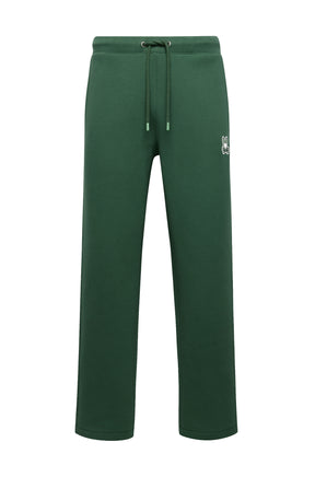 Psycho Bunny men's dark green wide-leg sweatpants with drawstring waist and bunny logo patch, isolated front view