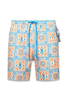 Maillot crème à cordon bleu et imprimé carreaux orange et bleu à lapins-têtes de mort pour homme par Psycho Bunny, vue avant