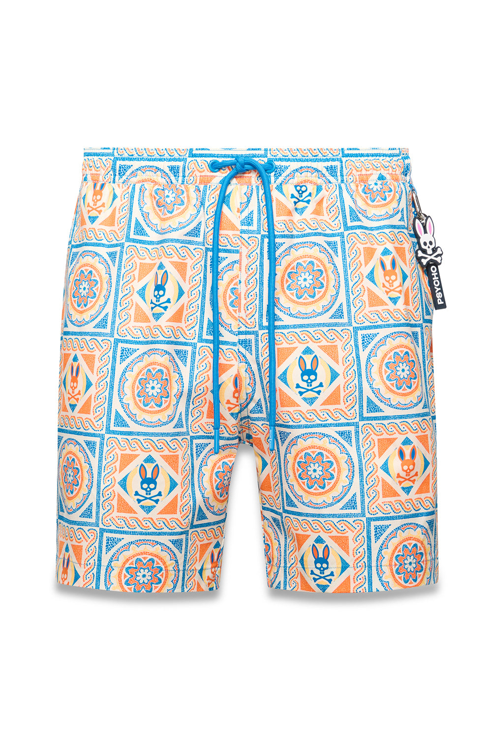 Maillot crème à cordon bleu et imprimé carreaux orange et bleu à lapins-têtes de mort pour homme par Psycho Bunny, vue avant