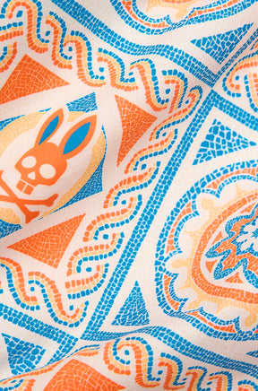 Tissu crème du maillot avec imprimé carreaux bleu et orange à lapins-têtes de mort pour homme par Psycho Bunny, en gros plan