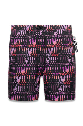 Short maillot noir à imprimé lapin tête de mort rose et mauve, taille élastique, vue produit pour homme par Psycho Bunny