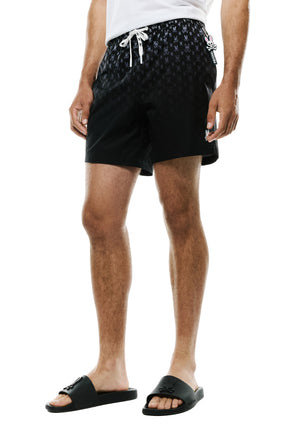 Short maillot de bain noir avec cordon blanc, motif lapin dégradé et étiquette côté pour homme par Psycho Bunny, vue de face