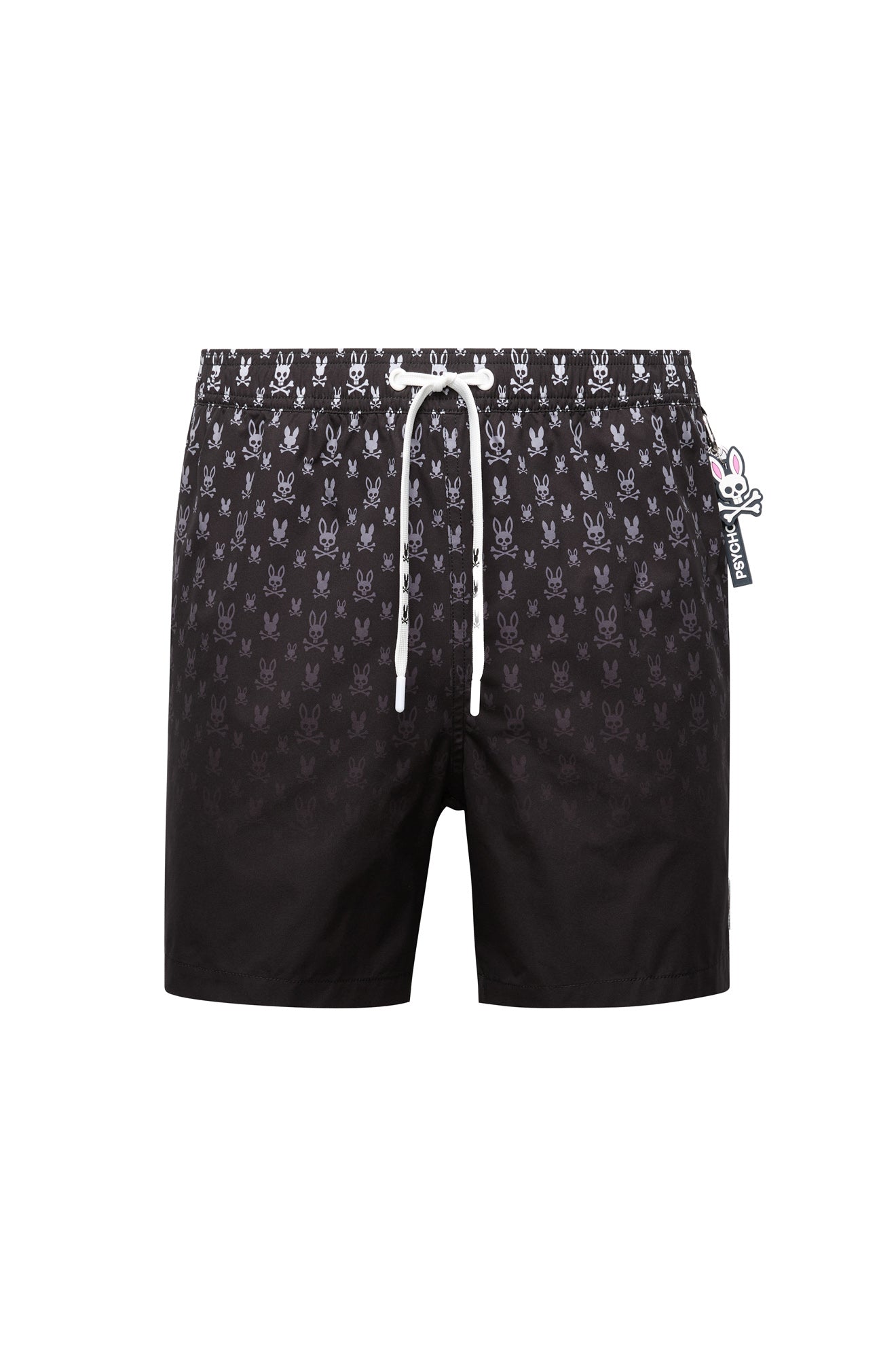 Short maillot de bain noir avec cordon blanc et motif lapin tête de mort pour homme par Psycho Bunny, vue isolée de face