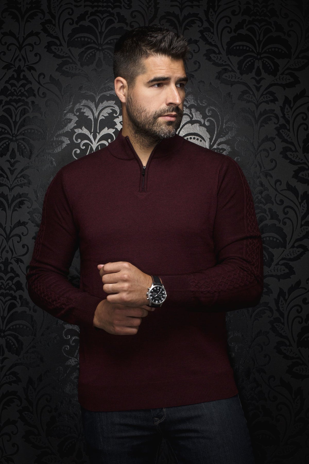 Chandail manches longues zip 1/4 en laine mérino pour homme par Au Noir | MESTA_QZ Bourgogne | Boutique Vvög, inventaire complet de la marque Au Noir