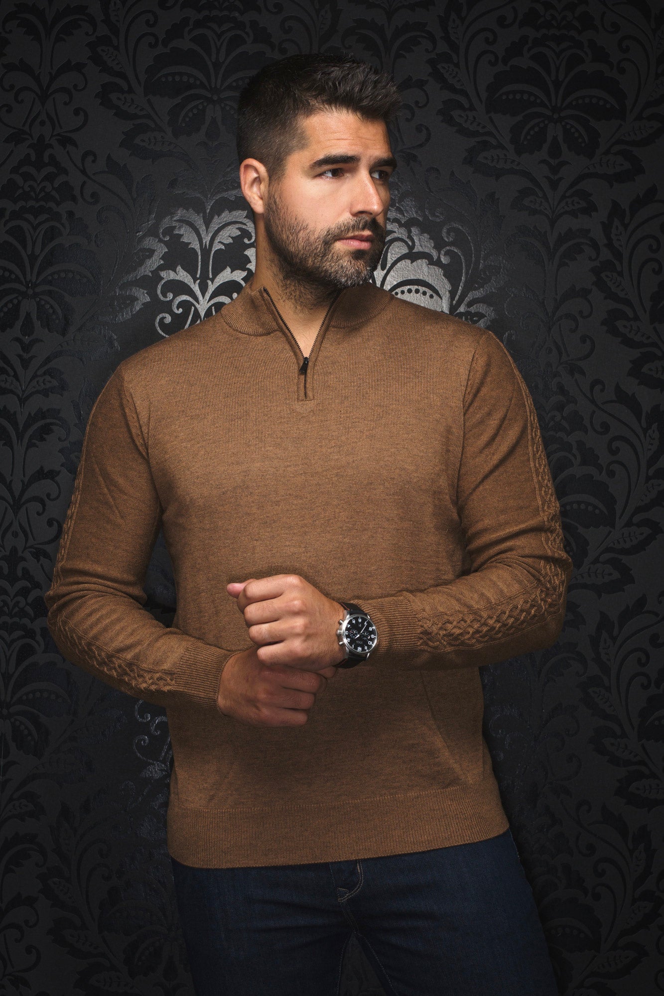 Chandail manches longues zip 1/4 en laine mérino pour homme par Au Noir | MESTA_QZ Chameau | Boutique Vvög, inventaire complet de la marque Au Noir