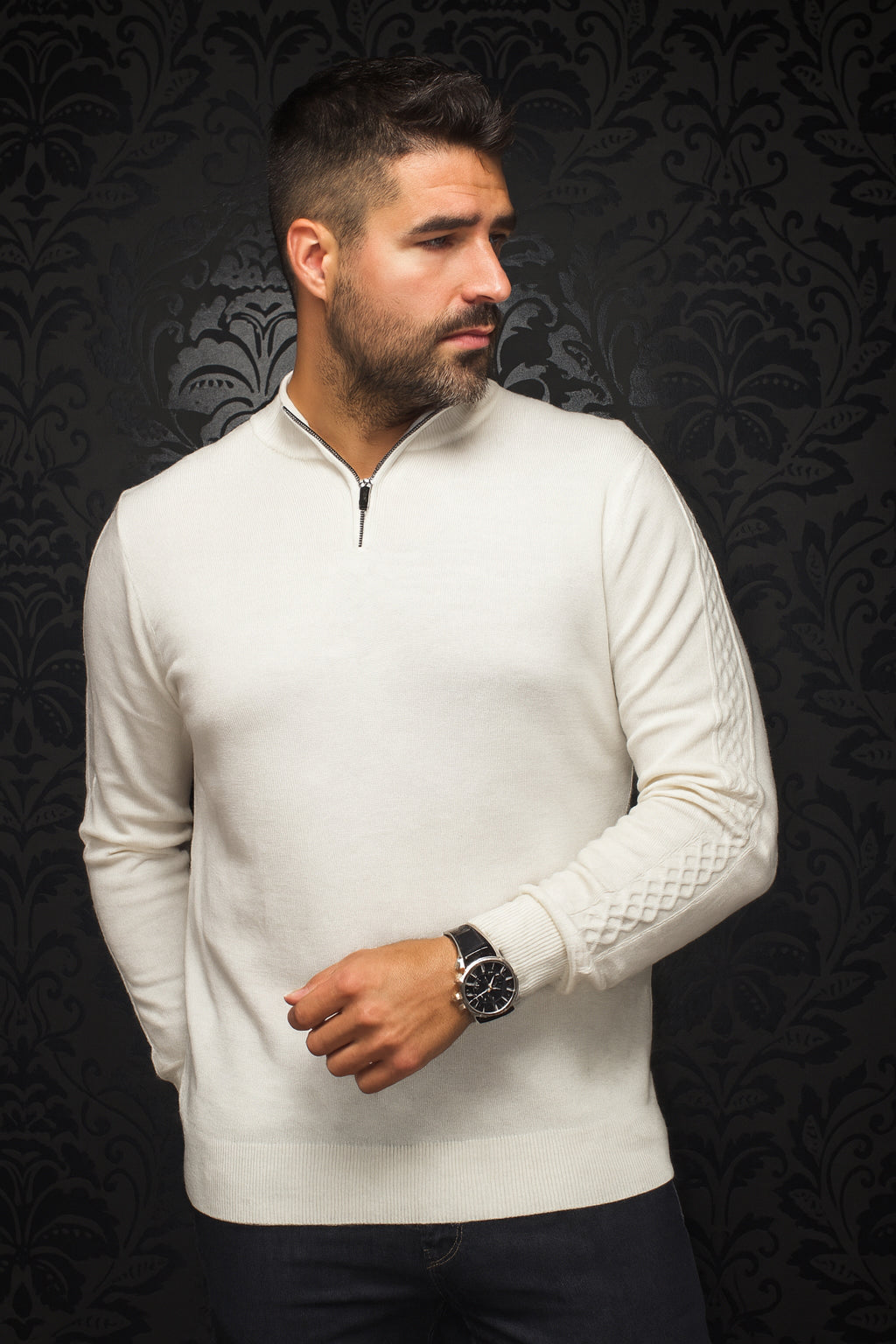 Chandail zip 1/4 en laine mérino pour homme par Au Noir | MESTA Crème | Boutique Vvög, inventaire complet de la marque Au Noir