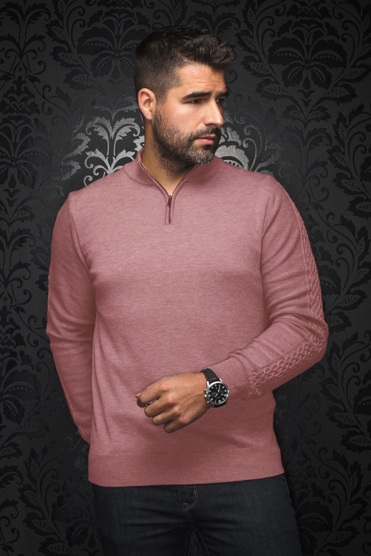 Chandail zip 1/4 en laine mérino pour homme par Au Noir | MESTA Bois De Rose | Boutique Vvög, inventaire complet de la marque Au Noir