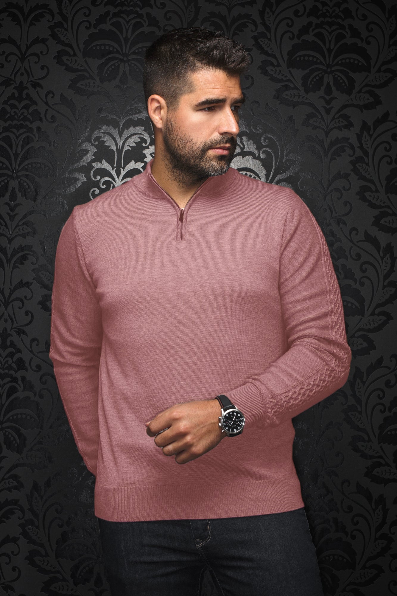 Chandail zip 1/4 en laine mérino pour homme par Au Noir | MESTA Bois De Rose | Boutique Vvög, inventaire complet de la marque Au Noir