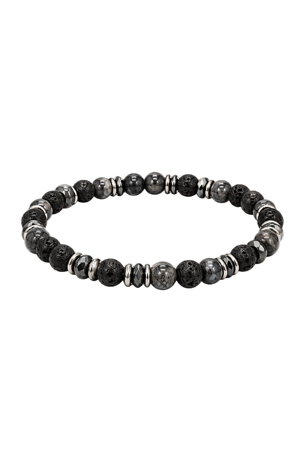 Bracelet à billes noir et gris foncé avec anneaux argentés et perles poreuses, vue produit pour homme par Au Noir