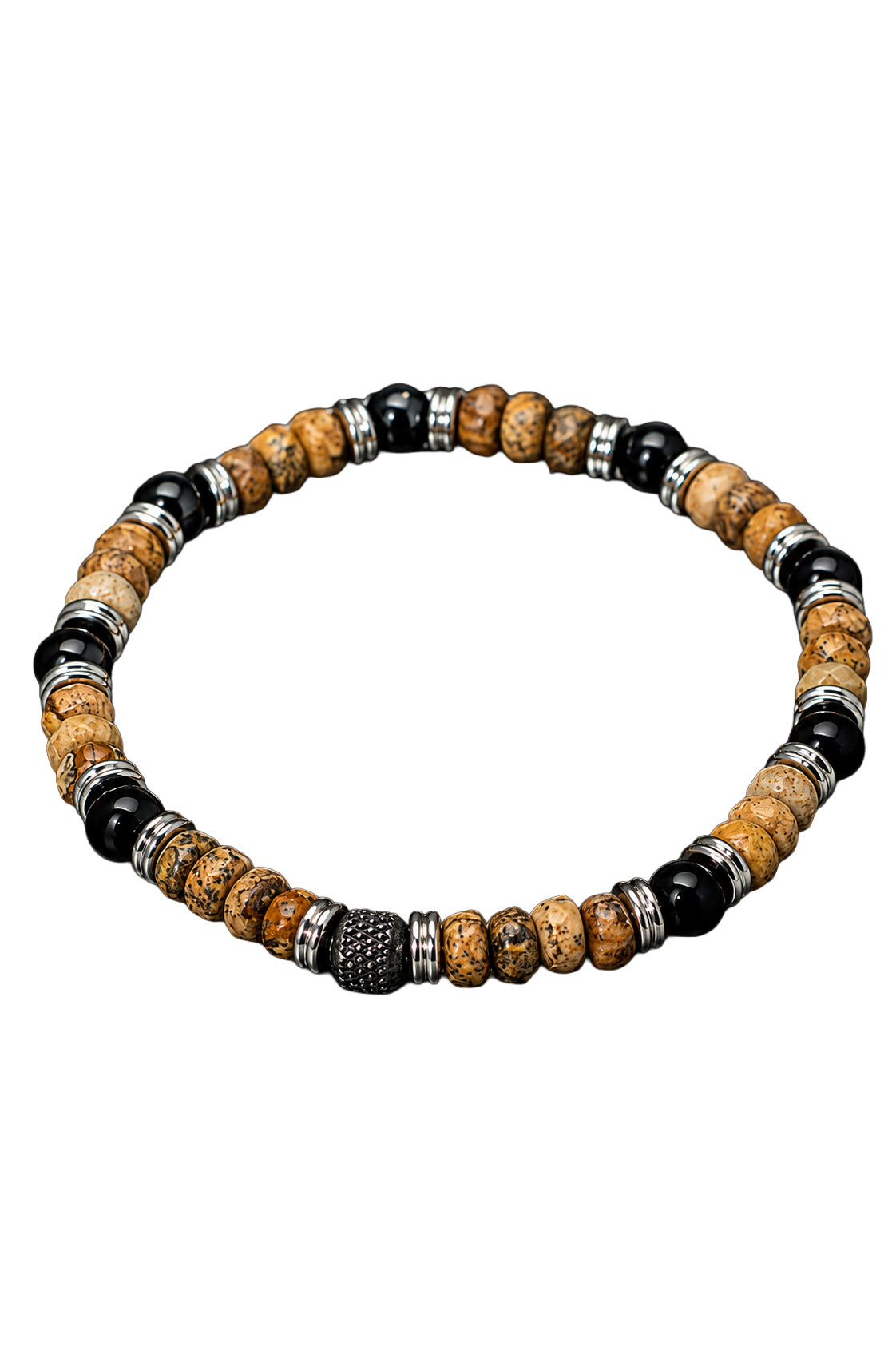 Bracelet à billes brunes mouchetées et noires lustrées avec espaceurs argentés pour homme par Au Noir, vue produit