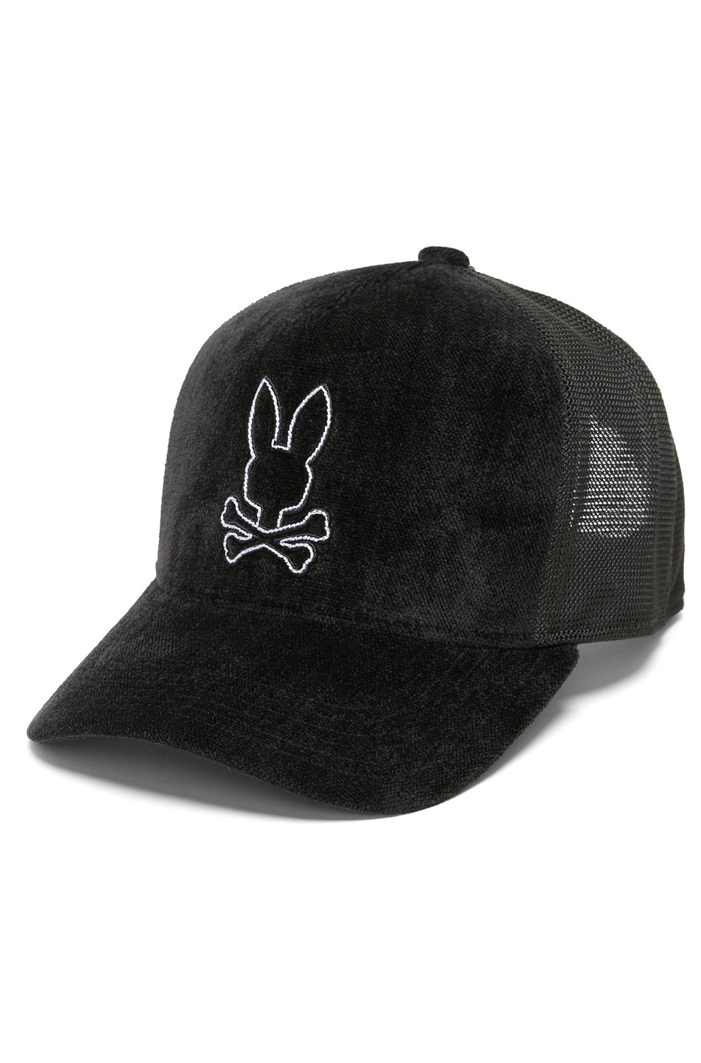 Casquette camionneur noire vue de face avec visière courbée, filet et logo lapin blanc brodé pour homme par Psycho Bunny