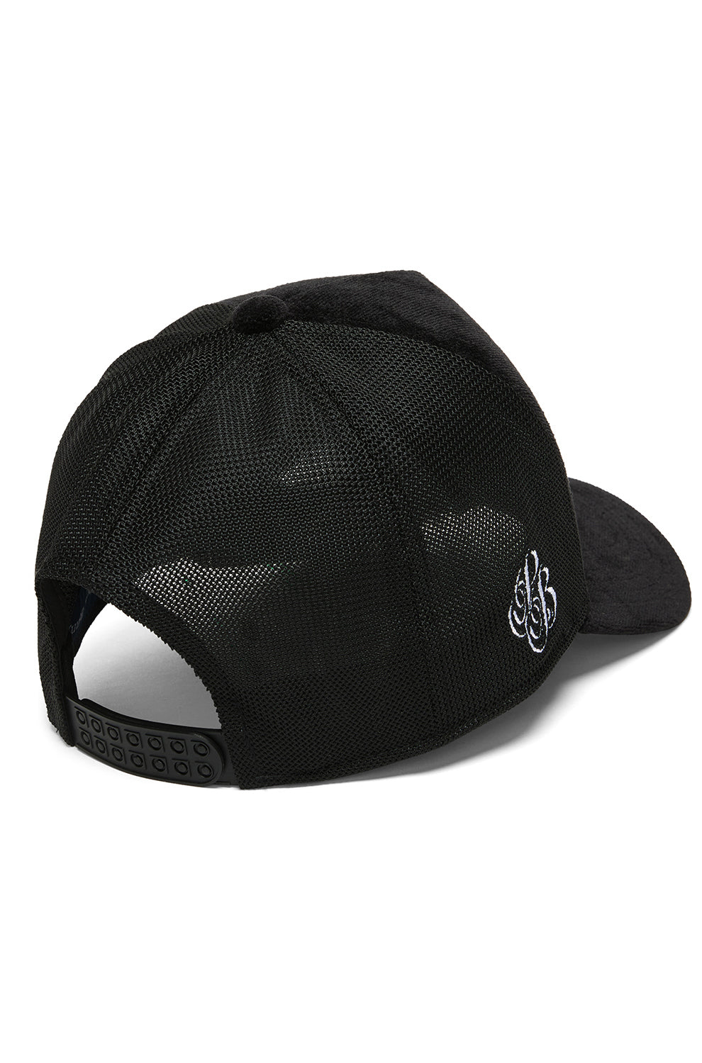 Casquette camionneur noire vue arrière avec panneaux en filet et logo latéral pour homme par Psycho Bunny