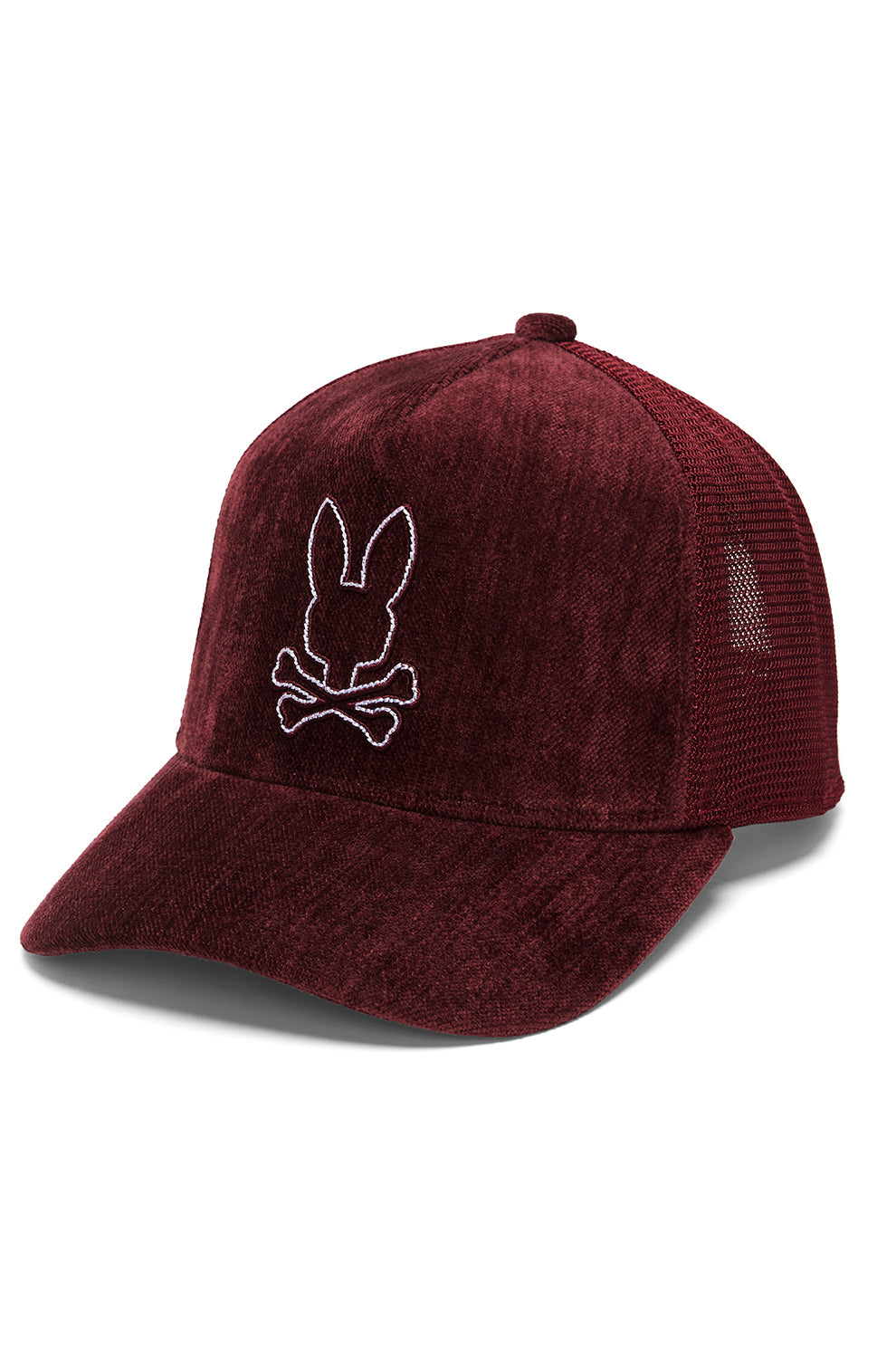 Casquette camionneur bourgogne en velours, vue avant avec visière courbée et logo lapin blanc pour homme par Psycho Bunny