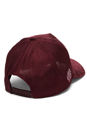 Casquette camionneur bourgogne vue arrière avec panneaux en filet et attache réglable pour homme par Psycho Bunny