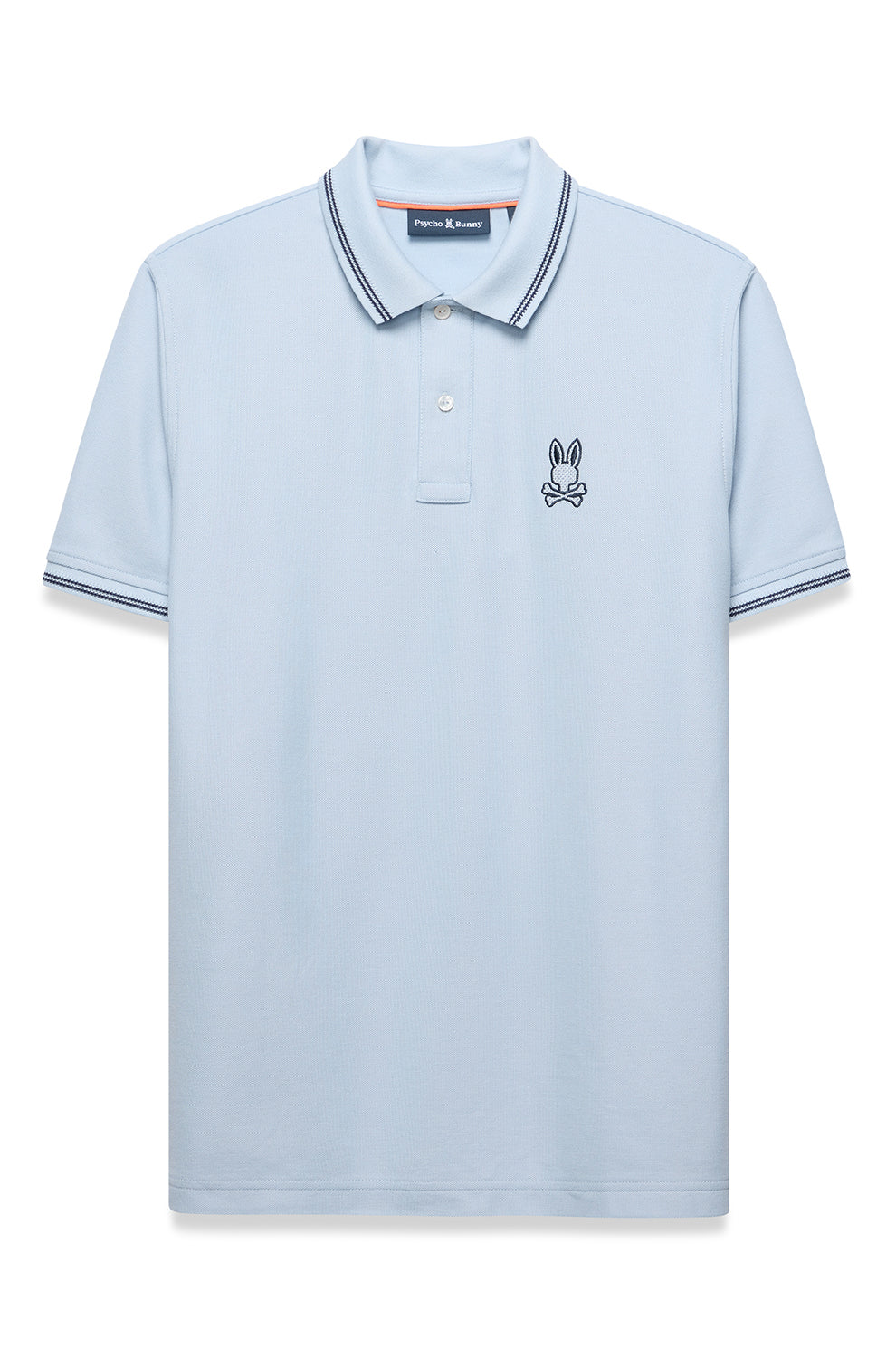 Polo bleu pâle à manches courtes, vue de face, col rayé, patte deux boutons et logo poitrine pour homme par Psycho Bunny