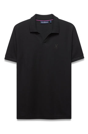 Polo noir à manches courtes, vue de face, col côtelé, patte ouverte et logo ton sur ton pour homme par Psycho Bunny