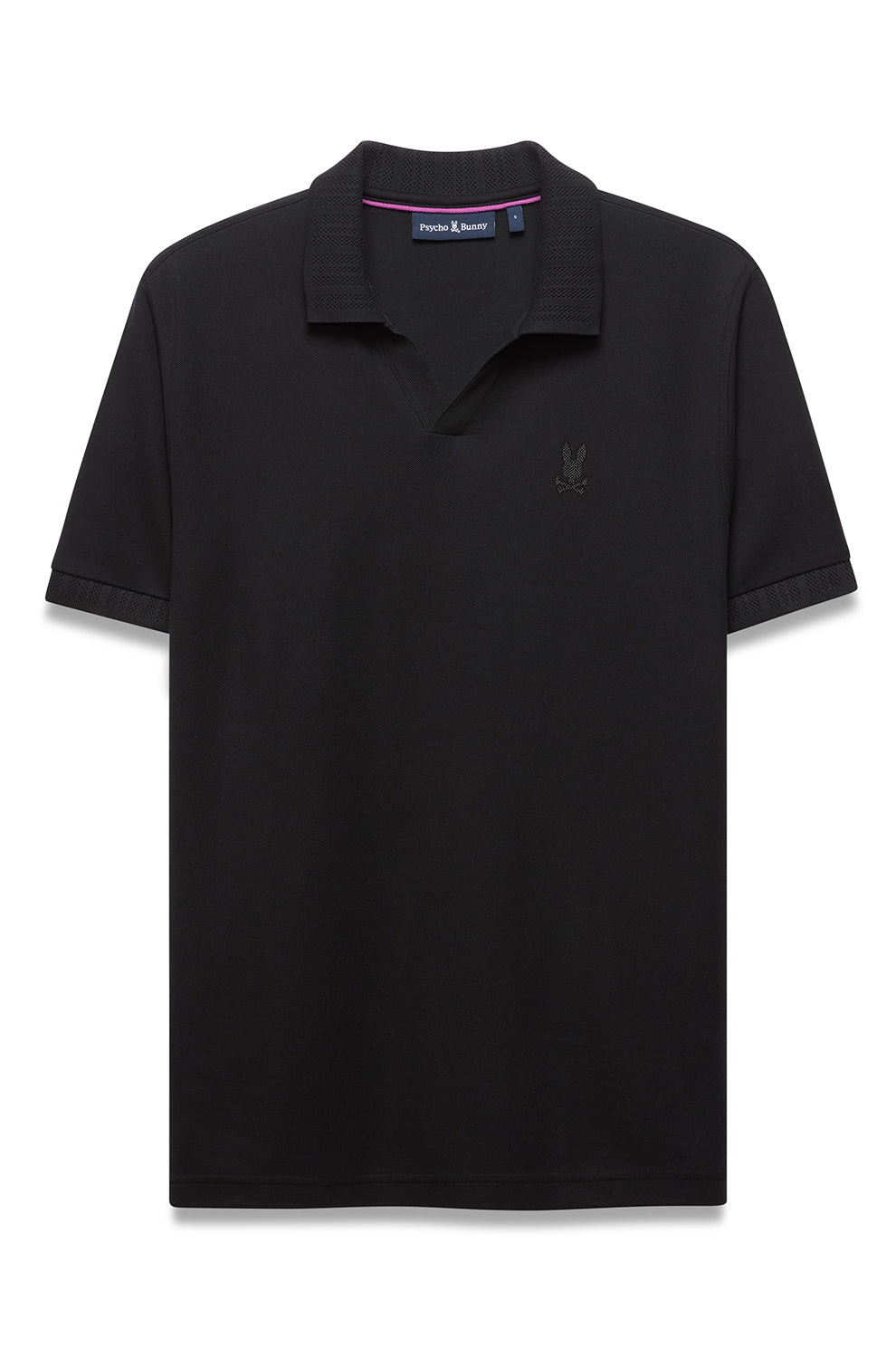Polo noir à manches courtes, vue de face, col côtelé, patte ouverte et logo ton sur ton pour homme par Psycho Bunny
