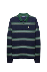 Polo à manches longues marine à rayures vertes, col vert, vue produit pour homme par Psycho Bunny
