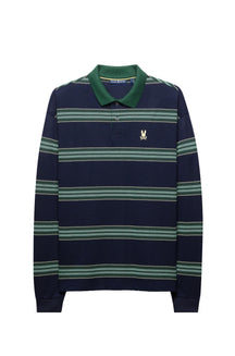 Polo à manches longues marine à rayures vertes, col vert, vue produit pour homme par Psycho Bunny