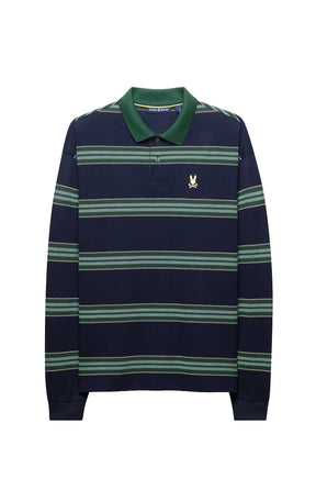 Polo à manches longues marine à rayures vertes, col vert, vue produit pour homme par Psycho Bunny