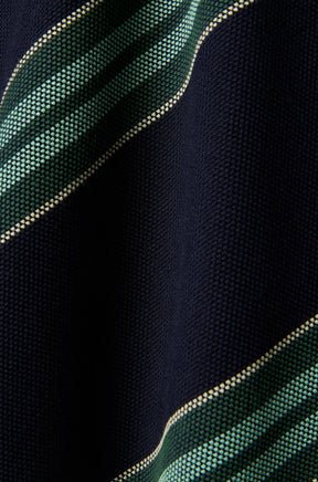 Polo manches longues piqué marine avec rayures vertes et fines lignes pâles pour homme par Psycho Bunny, en gros plan