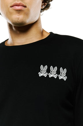 T-Shirt noir à manches longues avec col côtelé et trois logos lapin blancs pour homme par Psycho Bunny, détail avant
