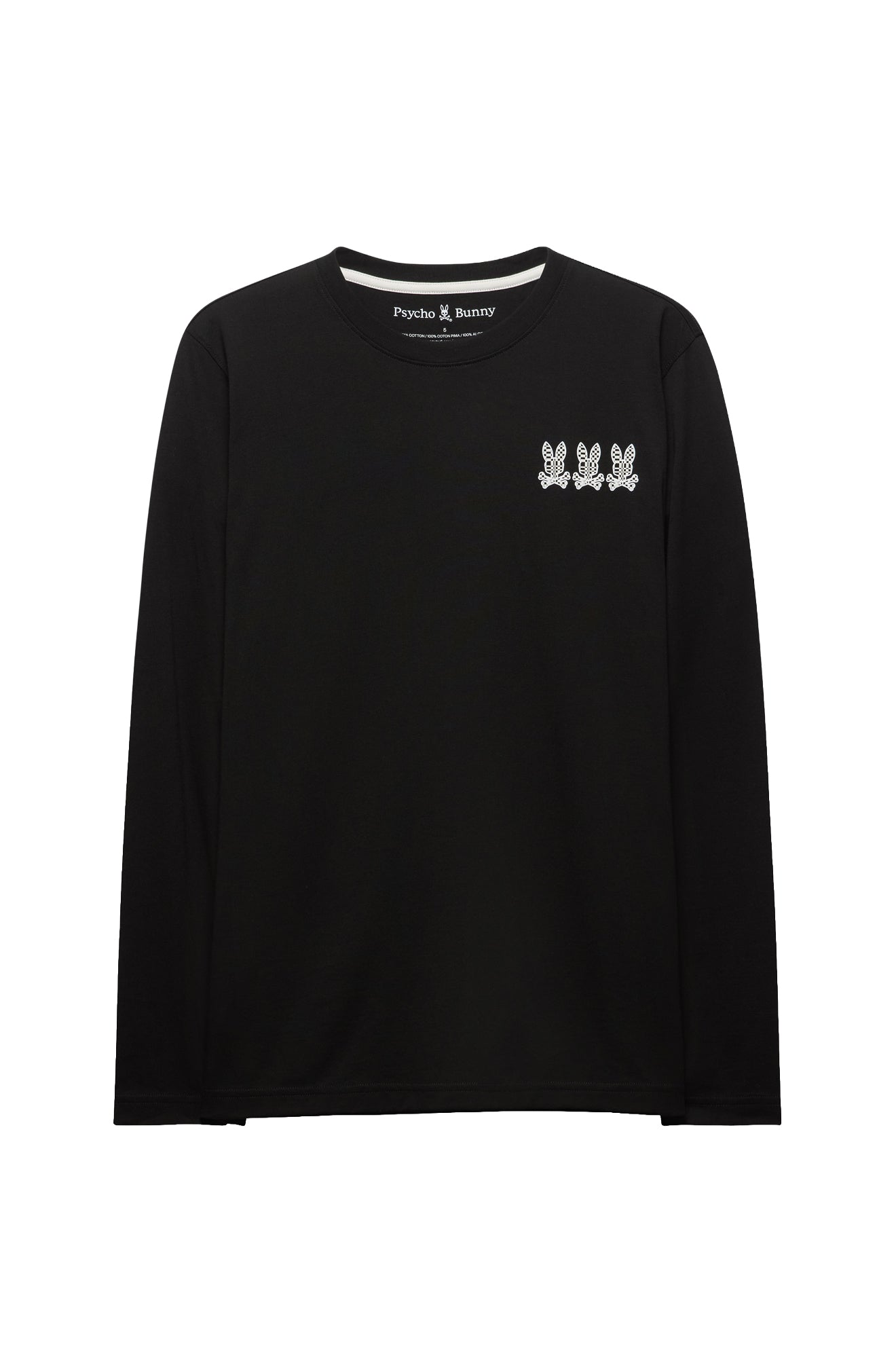 Vue produit avant du T-Shirt noir à manches longues avec triple logo lapin blanc à la poitrine pour homme par Psycho Bunny