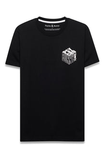 T-Shirt noir à col rond et manches courtes avec graphique Psycho Bunny blanc à la poitrine, vue produit pour homme