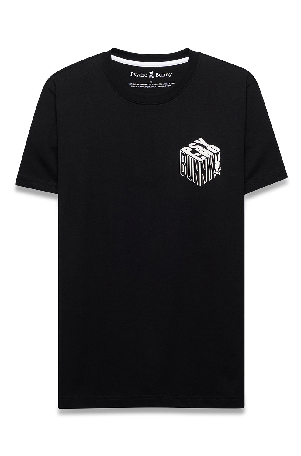 T-Shirt noir à col rond et manches courtes avec graphique Psycho Bunny blanc à la poitrine, vue produit pour homme