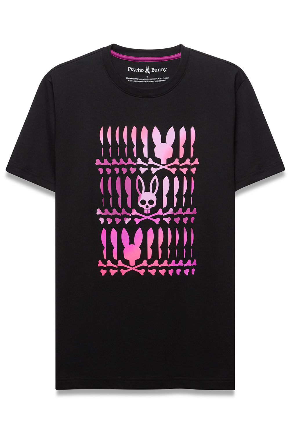 T-Shirt noir à manches courtes et col rond avec grand graphique Psycho Bunny rose devant, vue produit pour homme