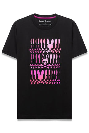 T-Shirt noir à manches courtes et col rond avec grand graphique Psycho Bunny rose devant, vue produit pour homme