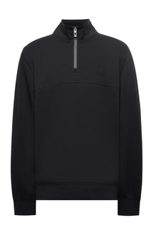 Chandail à demi-fermeture éclair molletonné noir à manches longues, vue produit pour homme par Psycho Bunny