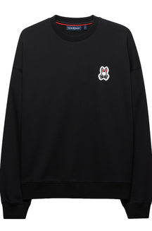 Chandail manches longues molletonné noir à col rond, vue de face avec bordures côtelées pour homme par Psycho Bunny