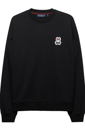 Chandail manches longues molletonné noir à col rond, vue de face avec bordures côtelées pour homme par Psycho Bunny
