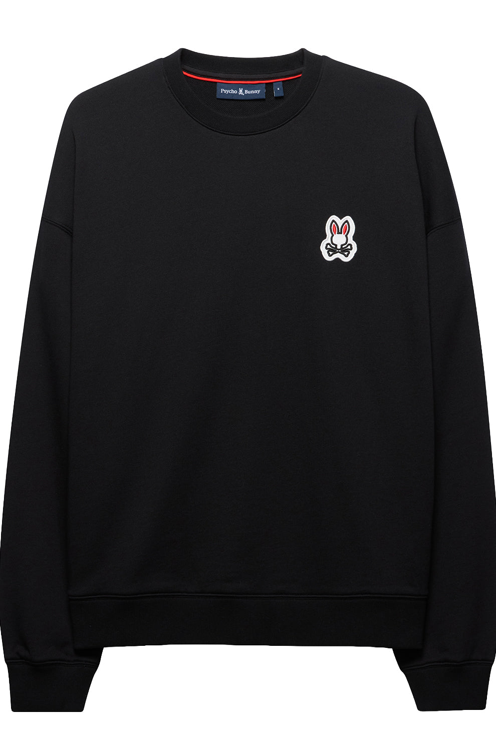 Chandail manches longues molletonné noir à col rond, vue de face avec bordures côtelées pour homme par Psycho Bunny