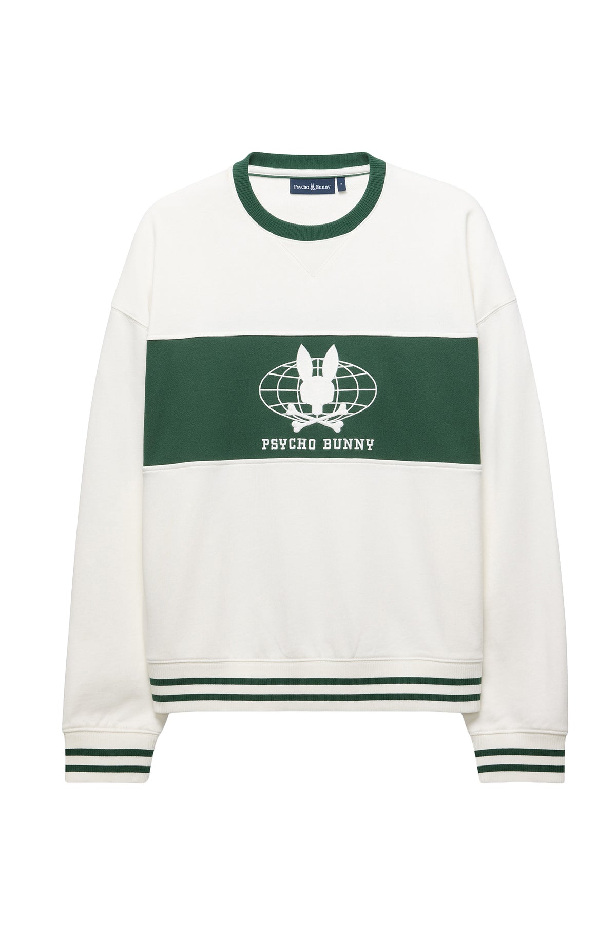 Chandail manches longues crème avec panneau vert, logo Psycho Bunny brodé et bordures rayées pour homme, vue avant